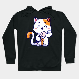 Cute Cat Holding Fishbone Cartoon Hoodie